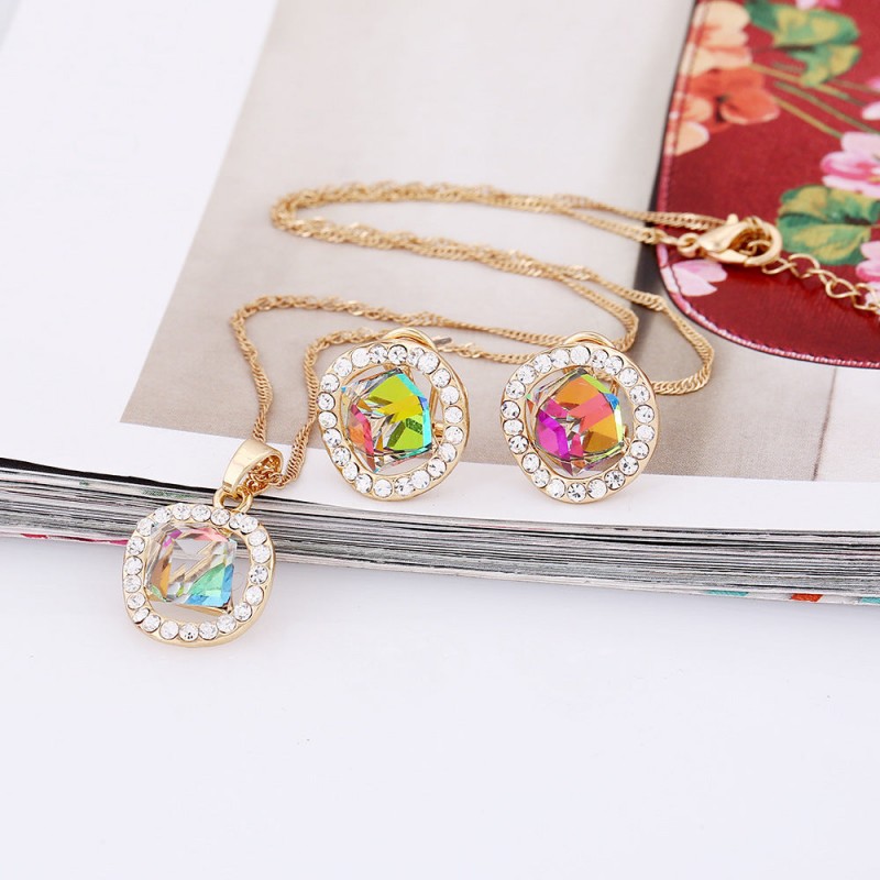 Bridal Necklace, earrings set crystal jewelry color gold Korean pendant