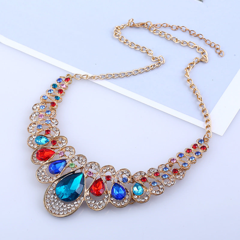 Elegant Red Rhinestone Geometric Necklace Set European and American Style for Women Premium Gemstone Processing with Independent Packaging