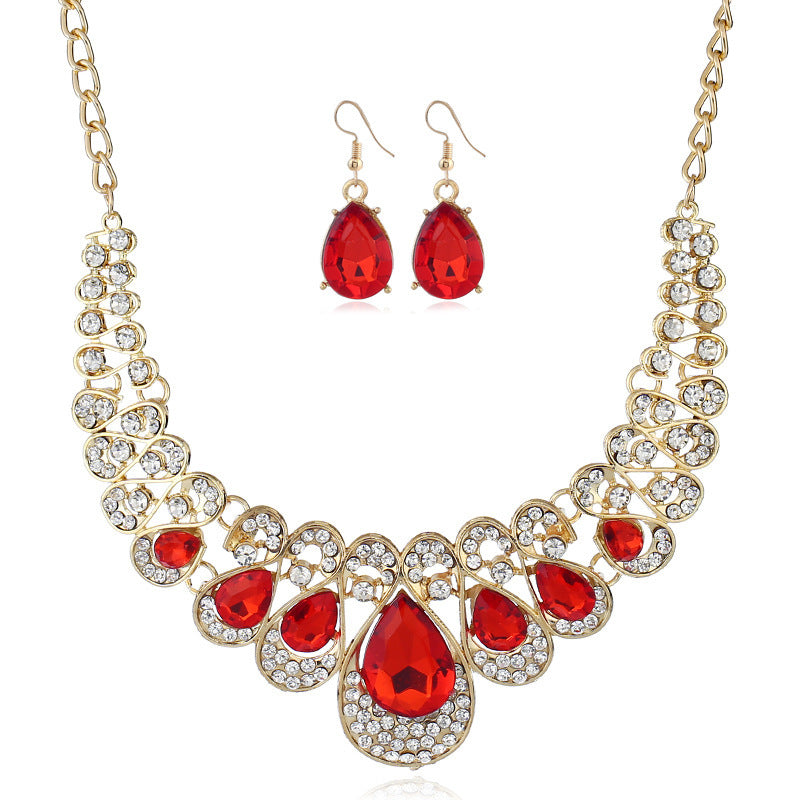 Elegant Red Rhinestone Geometric Necklace Set Euro...