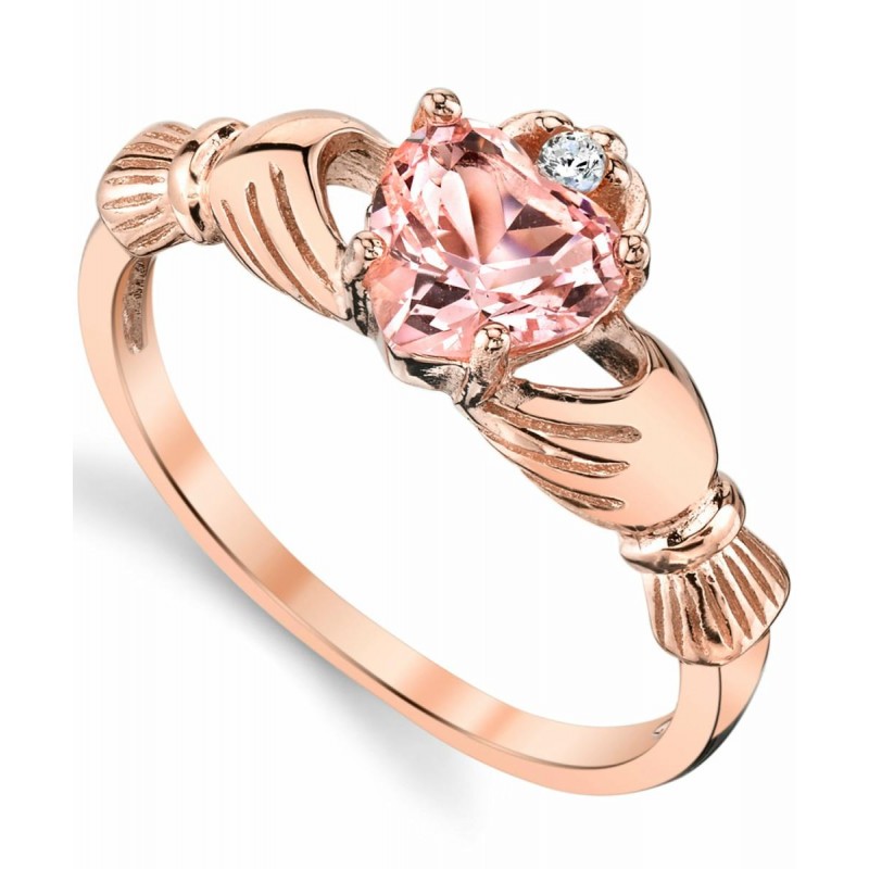 Womens Rings | Rosetone Pink Plated Sterling Silver Irish Claddagh Ring .75 Carat Pink Simulated Morganite Heart Shape Cubic Zirconia