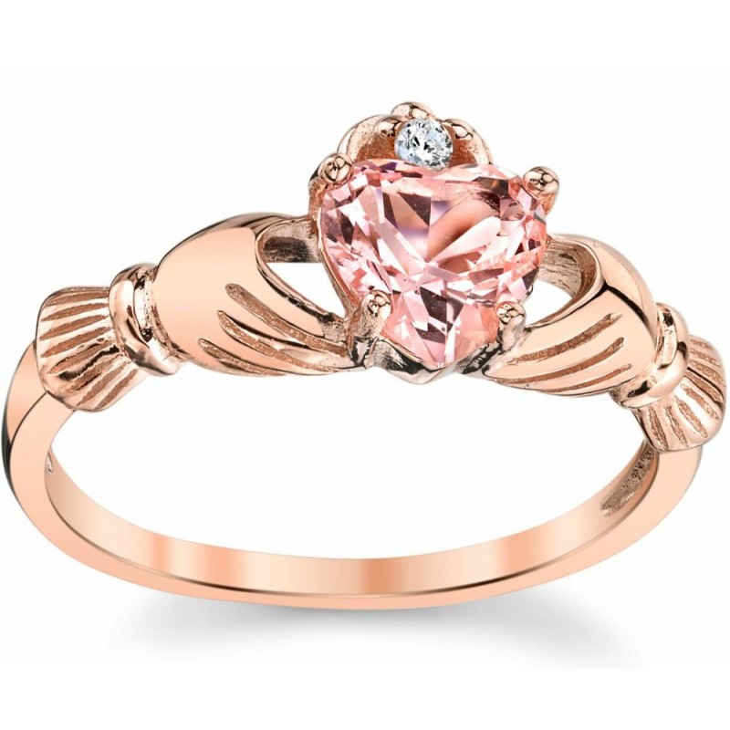 Womens Rings | Rosetone Pink Plated Sterling Silver Irish Claddagh Ring .75 Carat Pink Simulated Morganite Heart Shape Cubic Zirconia