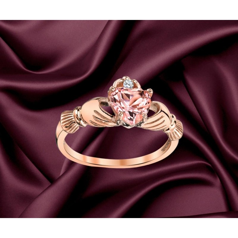 Womens Rings | Rosetone Pink Plated Sterling Silver Irish Claddagh Ring .75 Carat Pink Simulated Morganite Heart Shape Cubic Zirconia