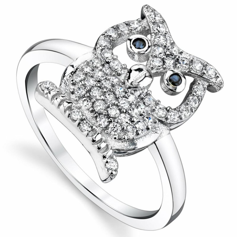 Womens Rings | Sterling Silver Wise Owl Ring with Black and White Cubic Zirconia CZ