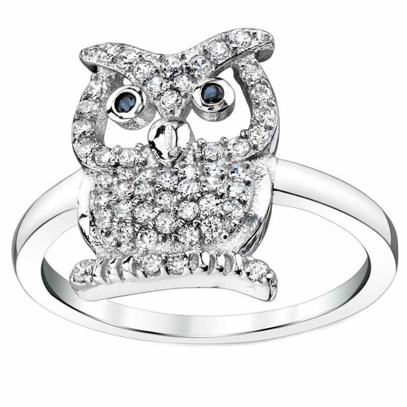 Womens Rings | Sterling Silver Wise Owl Ring with Black and White Cubic Zirconia CZ