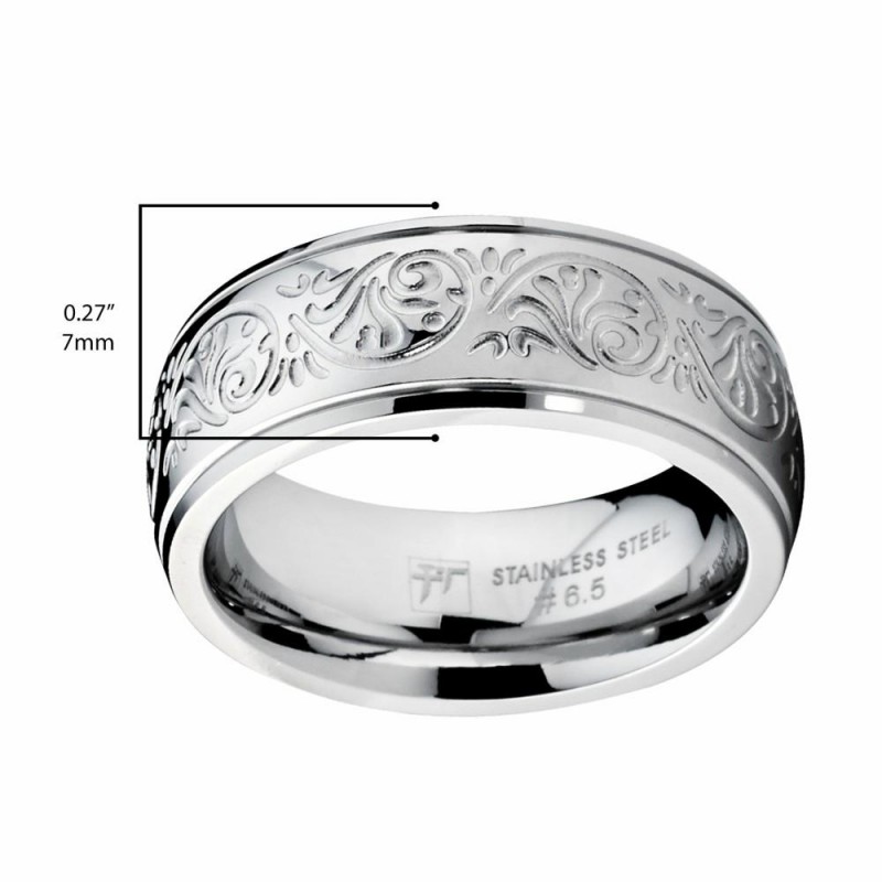 Womens Rings | Women's 7MM Stainless Steel Ring Engraved Florentine Design Sizes 4-13