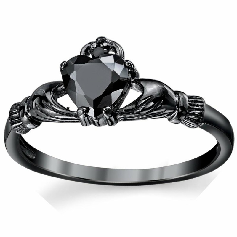 Womens Rings | Women's Black Sterling Silver Irish Claddagh Friendship Love Ring Heart Ring Black Cubic Zirconia