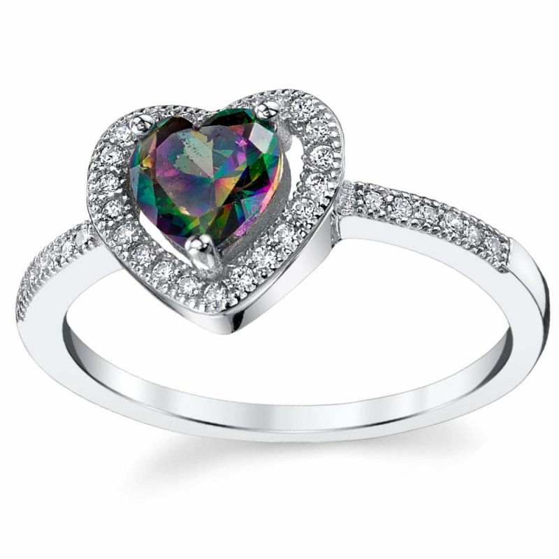 Womens Rings | Women's Heart Shape Mystic Rainbow Simulated Topaz Halo Sterling Silver Ring Cubic Zirconia Sizes 5-9