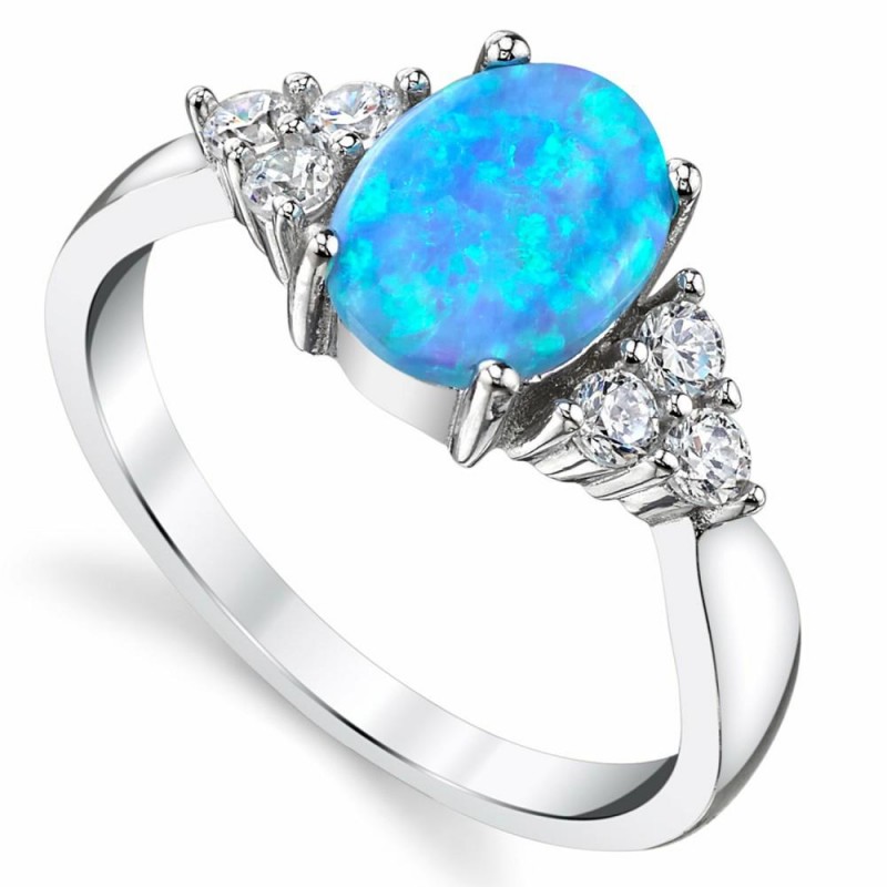 Womens Rings | Women's Oval Shape Blue Simulated Opal Ring Sterling Silver Cubic Zirconia Sizes 5-9