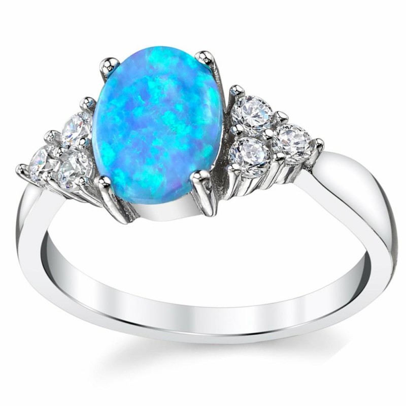 Womens Rings | Women's Oval Shape Blue Simulated Opal Ring Sterling Silver Cubic Zirconia Sizes 5-9