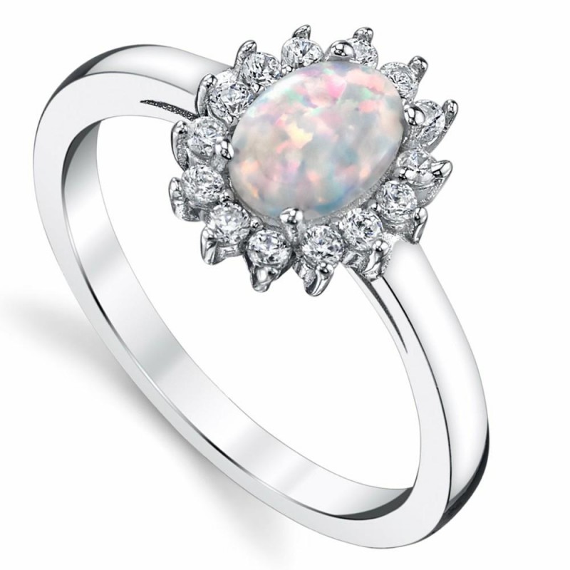 Womens Rings | Women's Oval Shape Simulated Opal Halo Ring Sterling Silver Cubic Zirconia Sizes 5-9