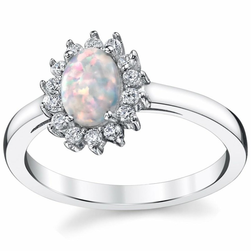 Womens Rings | Women's Oval Shape Simulated Opal Halo Ring Sterling Silver Cubic Zirconia Sizes 5-9