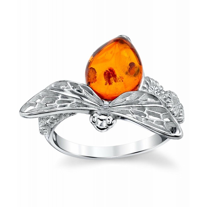 Womens Rings | Women's Sterling Silver 925 Honey Bee Ring with Baltic Amber Cabochon