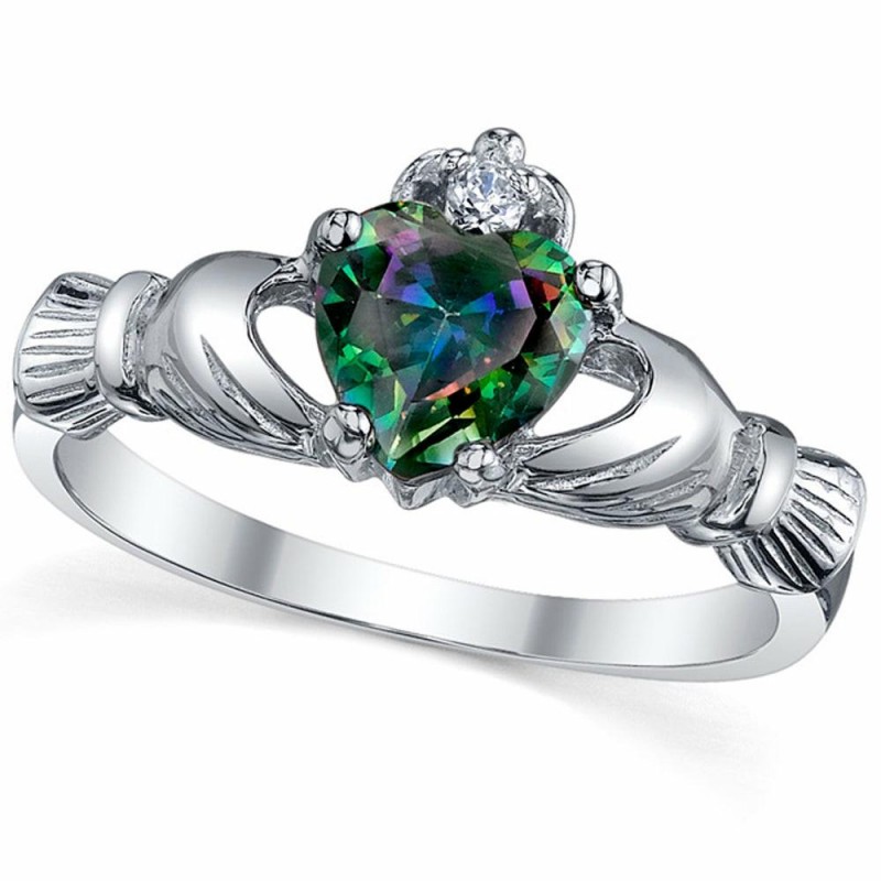 Womens Rings | Women's Sterling Silver 925 Irish Claddagh Friendship Love Mystic Rainbow Simulated Topaz Heart Cubic Zirconia Ring