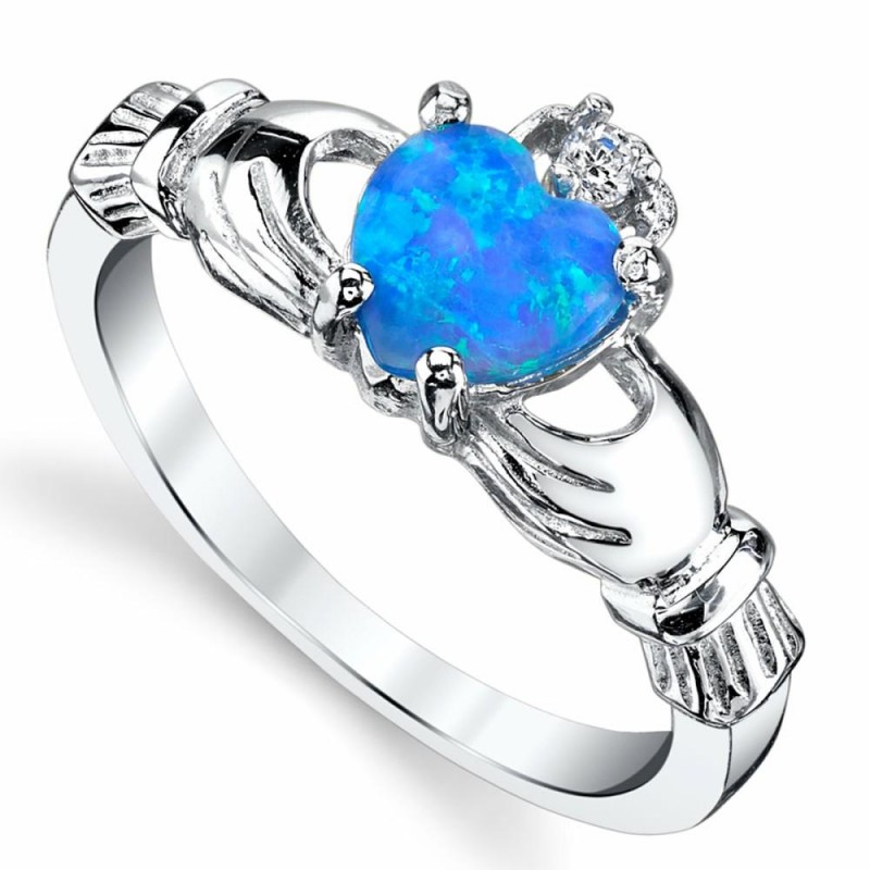 Womens Rings | Women's Sterling Silver 925 Irish Claddagh Friendship Love Ring Blue Simulated Opal Heart