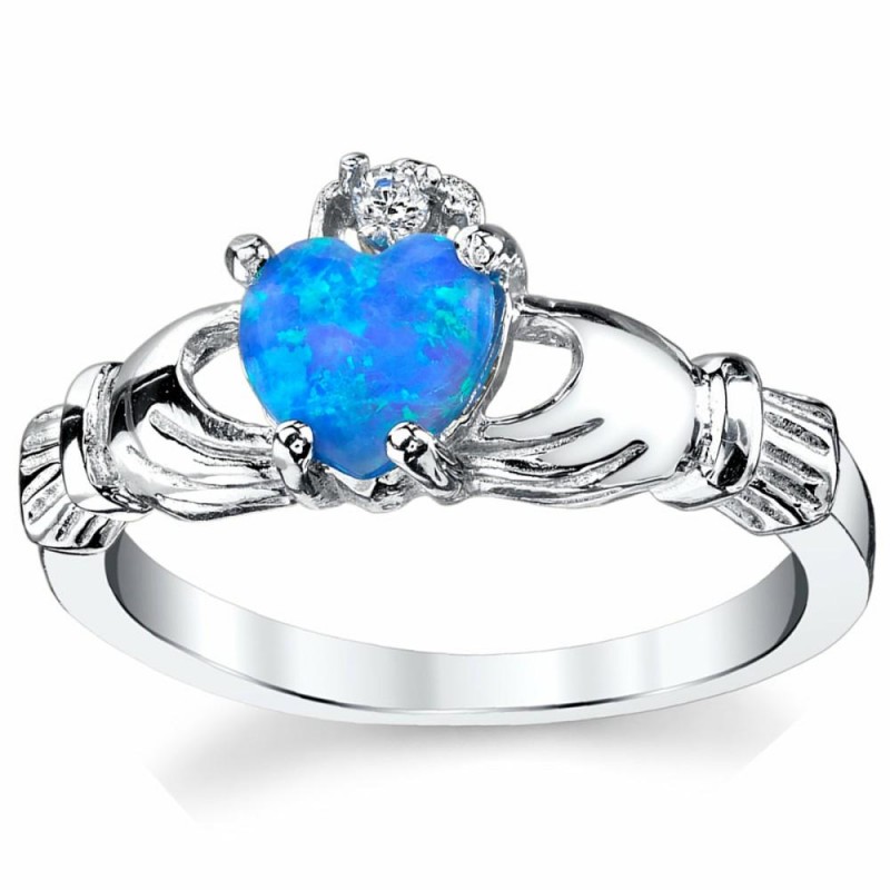 Womens Rings | Women's Sterling Silver 925 Irish Claddagh Friendship Love Ring Blue Simulated Opal Heart