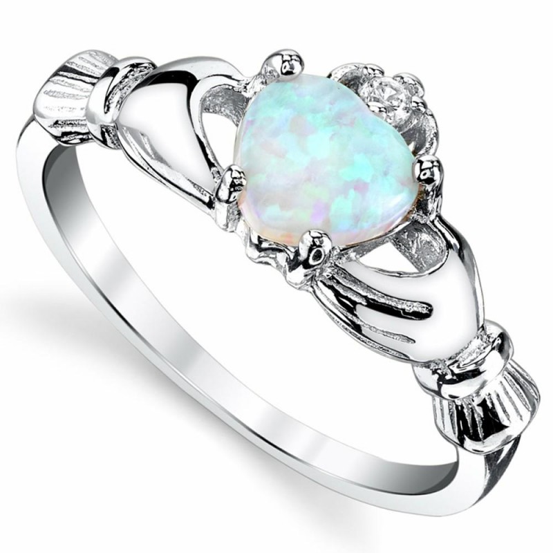 Womens Rings | Women's Sterling Silver 925 Irish Claddagh Friendship Love Ring Light Blue Simulated Opal Heart