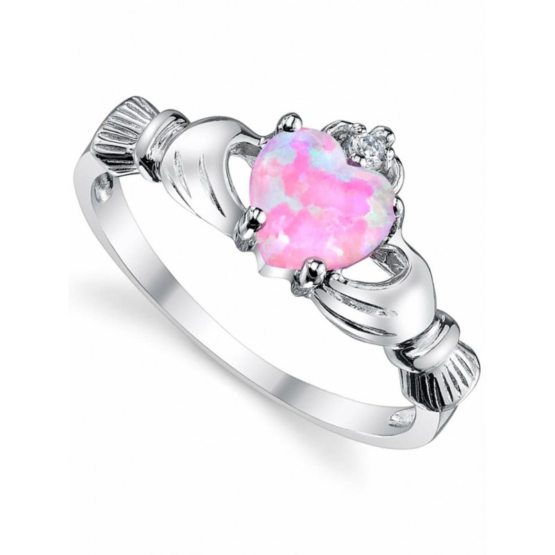 Womens Rings | Women's Sterling Silver 925 Irish Claddagh Friendship Love Ring Pink Simulated Opal Heart