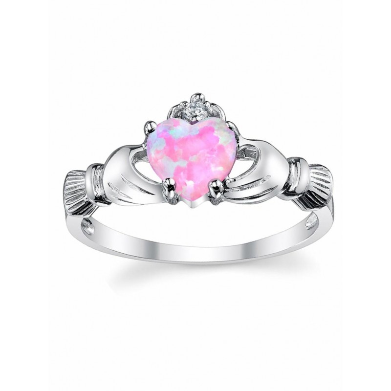 Womens Rings | Women's Sterling Silver 925 Irish Claddagh Friendship Love Ring Pink Simulated Opal Heart