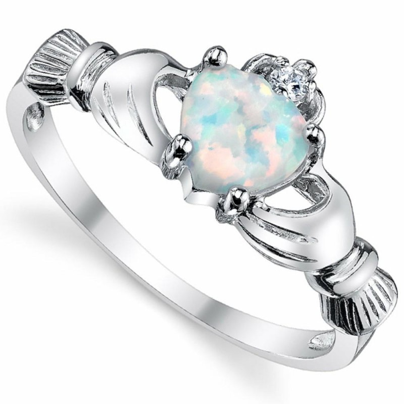 Womens Rings | Women's Sterling Silver 925 Irish Claddagh Friendship Love Ring Simulated Opal Heart