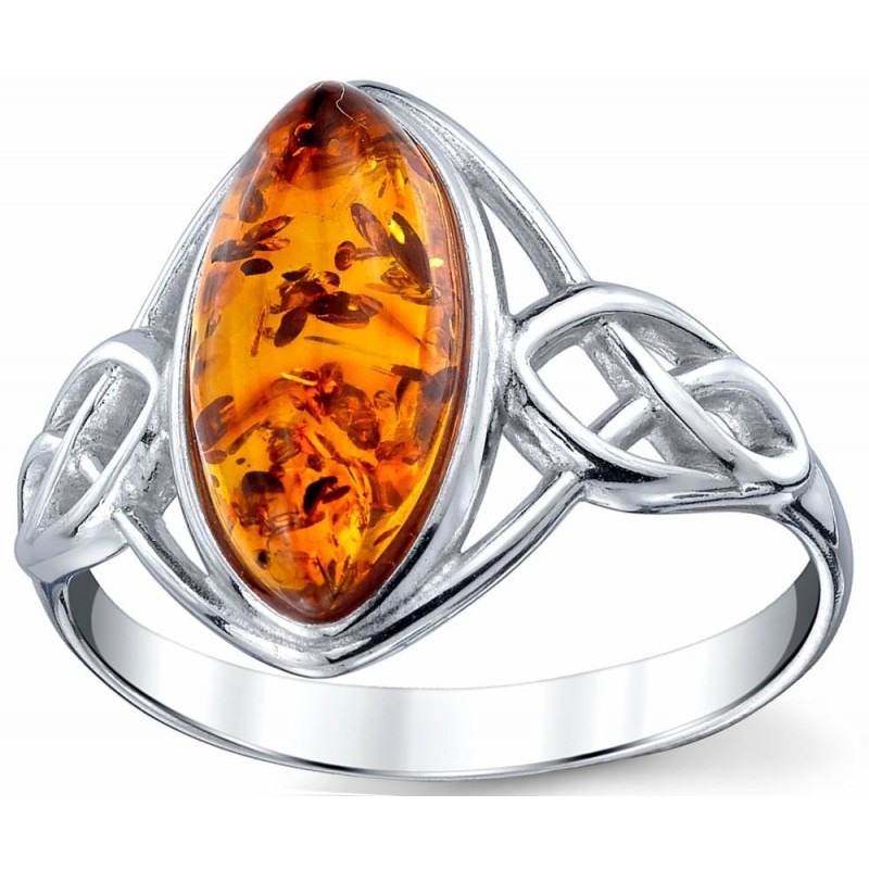 Womens Rings | Women's Sterling Silver Baltic Amber Celtic Design Ring Cognac Marquise Shape Center Sizes 5-9