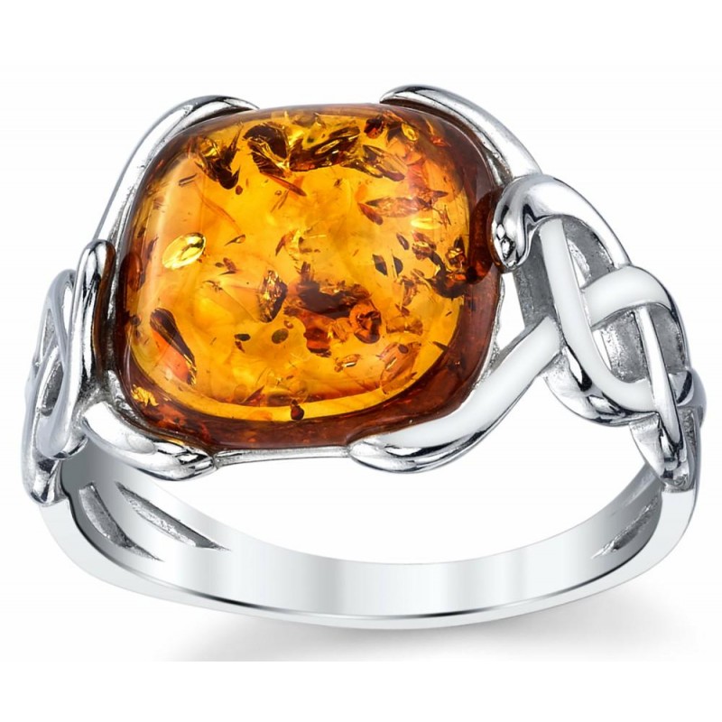 Womens Rings | Women's Sterling Silver Baltic Amber Irish Celtic Design Ring Cognac Large Cushion Shape Stone Sizes 5-9