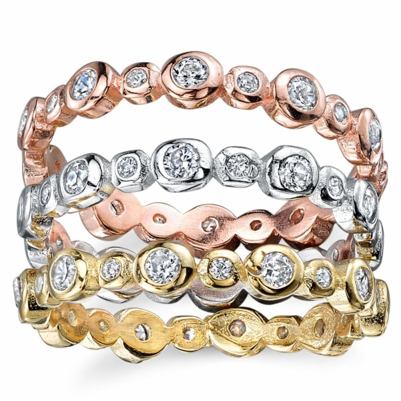 Womens Rings | Women's Sterling Silver Bezel Stackable 3Pc Eternity Rings Bands Cubic Zirconia